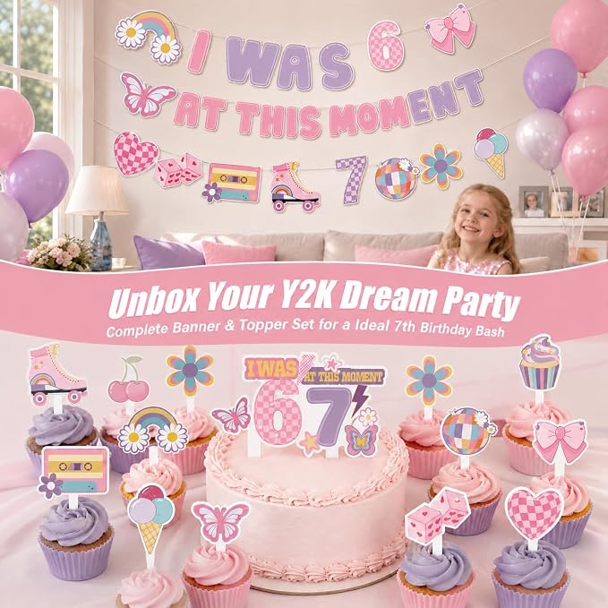 67 Birthday Decorations Set for Girls, 46PCS, Turning 7 Theme Birthday | Paper-3 Banners,24 Cupcake Toppers,1 cake Toppers,18 Balloons, i was 6 now im 7 birthday decorations