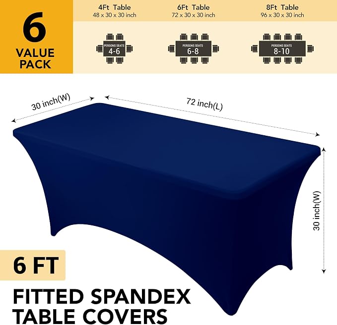 6-Pack Premium Navy Blue Spandex Tablecloths for 6ft Rectangle Tables, Stain & Wrinkle-Resistant, Washable Stretch Polyester Fitted Table Cover for Weddings, Banquets, Trade Shows Events