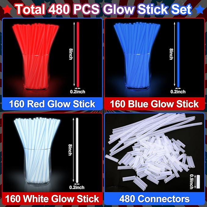 480 Pack 4th of July Glow Sticks Party Favors with Connectors,Patriotic Red White Blue Glow Stick Bracelets Nacklaces Glow in the Dark Accessories 250th Anniversary USA Independence Day Decorations