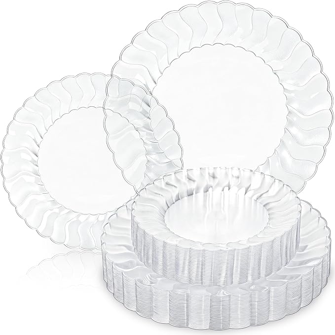 Lullaby 60PCS Clear Scalloped Plastic Plates, Disposable Elegant Party Plates Include 30pcs Dinner Plate 10.25", 30pcs Plastic Dessert Plate 7.5", Perfect for Wedding and Party