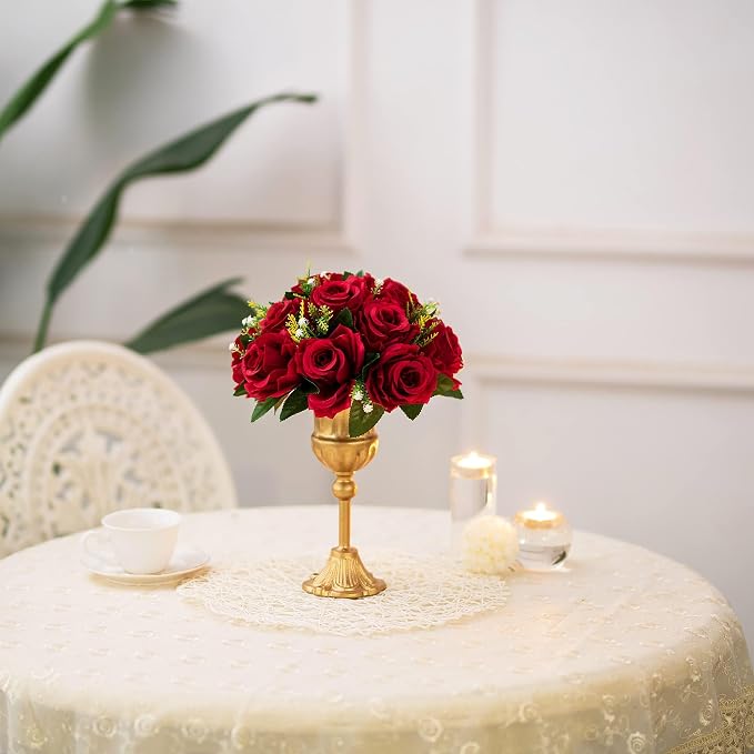 BLOSMON Flower Balls Wedding Rose Centerpieces: 2 Pcs Crimson Red Fake Flowers Kissing Balls Decor - Artificial Silk Roses Floral Arrangement Home Party Table DIY Decorations