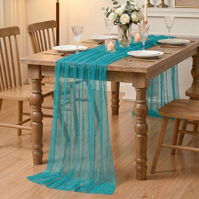 Artoid Mode Pearl Teal Gauze Table Runner 120 Inch 10FT, Seasonal Sheer Dining Holiday Wedding Birthday Baby Shower Table Decor for Home Party