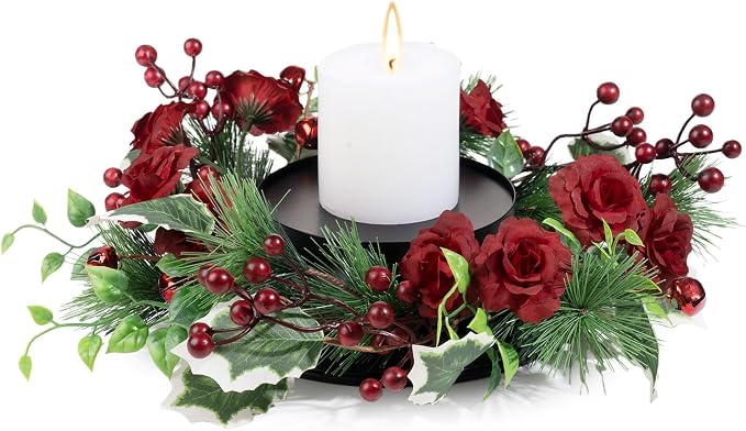 MOYEE Christmas Winter Centerpieces for Tables Candle Ring, Black Metal Candlestick with an Artificial Wreaths 14 in Versatile Dining Table Centerpiece Decor (Rose Wreath)