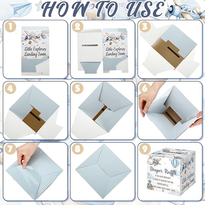 Teling 51 Pieces Diaper Raffle Tickets with Card Box Baby Shower Decorations Baby Shower Holder Box for Girl Boy Diaper Raffle Party(Airplane Style)
