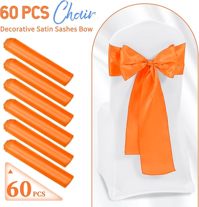 60 PCS Orange Satin Chair Sashes, Ties Bows Designed Chairs Decorative, Chair Cover Sashes for Thanksgiving Wedding Christmas Banquet Party Home Kitchen Decoration (7 x 108 inch)