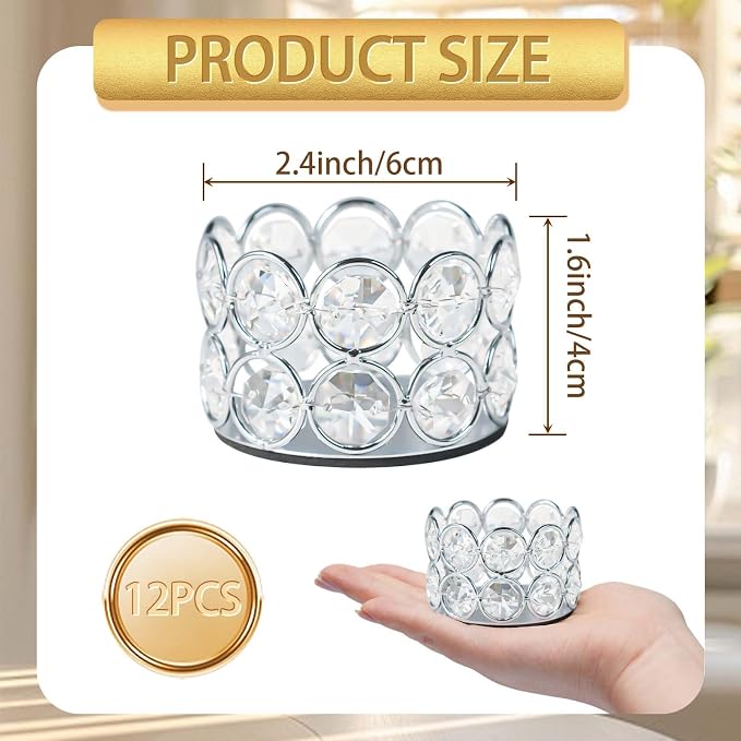 12 Pack Silver Metal Crystal Tea Light Candle Holders - 2.4"x1.6" Bulk Small Votive Candle Holders for Wedding, Home, Party Table Centerpiece Decorations