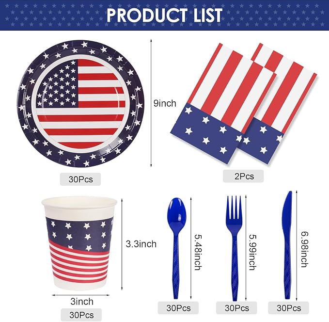 Childom 152 Pack 4th of July Decorations,Patriotic 4th of July Plates Set | Fourth Of July Decorations,250th Anniversary Patriotic Decorations,Red White And Blue Decorations For Labor Day Veterans Day
