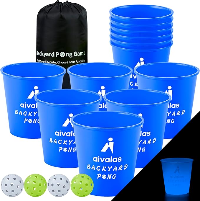 Aivalas Yard Pong Outdoor Games Glow Set in Dark, Giant Yard Pong Game for Adults and Family with 12 Buckets, 4 Balls and a Carrying Bag, Giant Pong for Beach, Camping, Lawn and Backyard