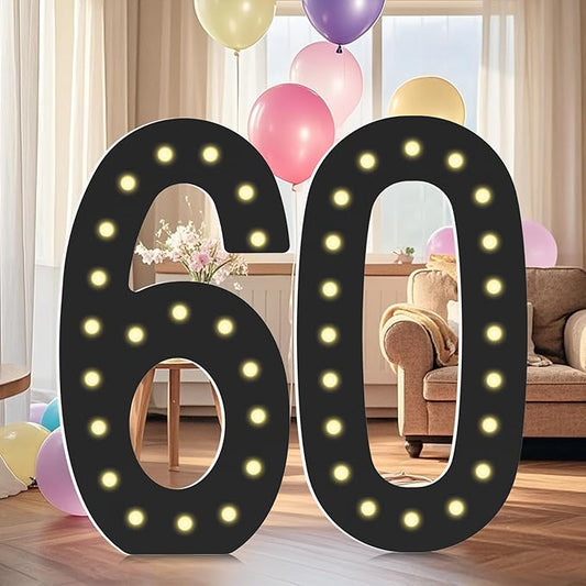 LOBOOM 4FT Marquee Light Up Numbers, Black Giant Marquee Number Big Mosaic Number for 60th Birthday Party Decorations Backdrop Anniversary Decor, Pre-Cut Frame