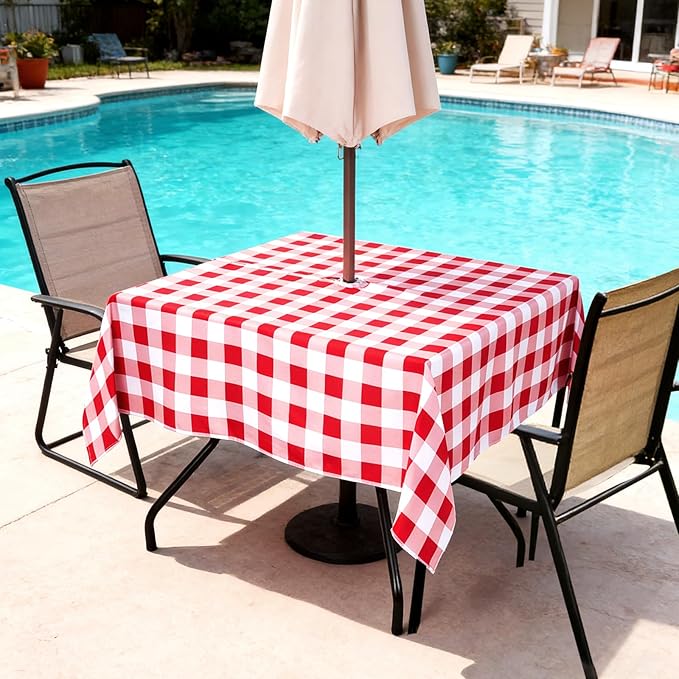 Poise3EHome Square Outdoor Tablecloth with Umbrella Hole and Zipper,Red Gingham 60x60 Inch,Polyester SpillProof Washable Table Cloth for Spring Summer Patio Garden Poolside Picnic Camping BBQS