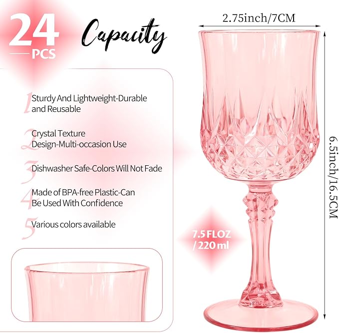24Pack Pink Plastic Wine Glasses,Vintage Plastic Goblets for Parties, Light Pink Drinking Glasses Crystal Water Goblets Reusable for Wedding Reception, Grand Event Party Supplies