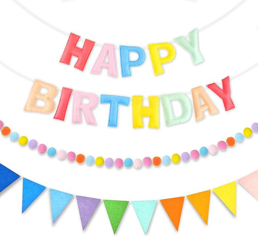 CANREVEL Pre-Strung 3D Rainbow Happy Birthday Banner, 3 PCS Happy Birthday Felt Sign, Pom Pom Garland, Triangle Fabric Bunting, Colorful Reusable Birthday Decorations for Women Men Girls Boys, Pink