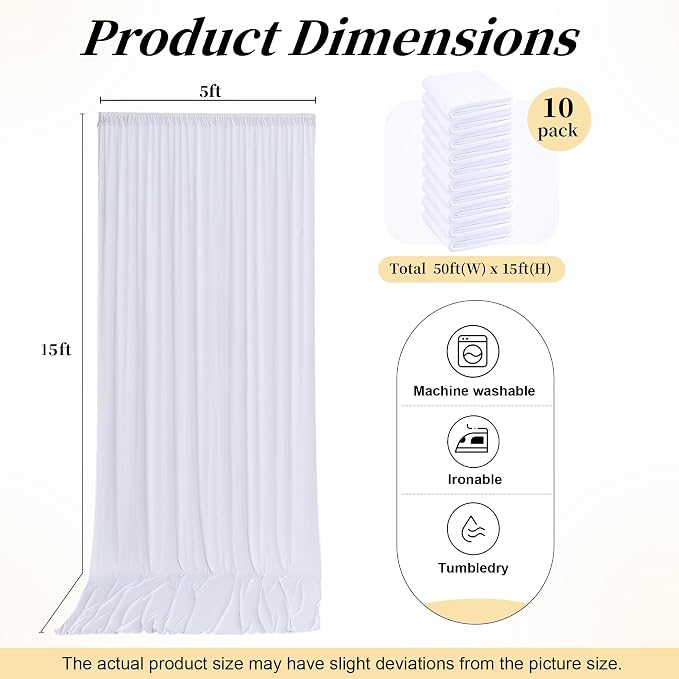 50ft x 15ft White Backdrop Curtains for Wedding Parties, 10 Panels Extra Long Wrinkle Free Fabric Drapes Photo Backdrop for Baby Shower Birthday Stage Reception Lobby Decoration