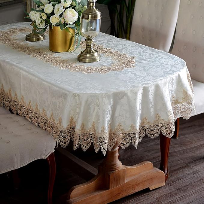 ARTABLE Lace Table Cloths Oval Fall Antique Flower Decor Macrame Tablecloth for Outdoor Farmhouse Rustic Kitchen Party Birthday Picnic (Light Brown, 52 x 70 Inch Oval)