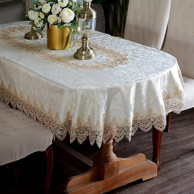 ARTABLE Lace Table Cloths Oval Fall Antique Flower Decor Macrame Tablecloth for Outdoor Farmhouse Rustic Kitchen Party Birthday Picnic (Light Brown, 60 x 84 Inch Oval)