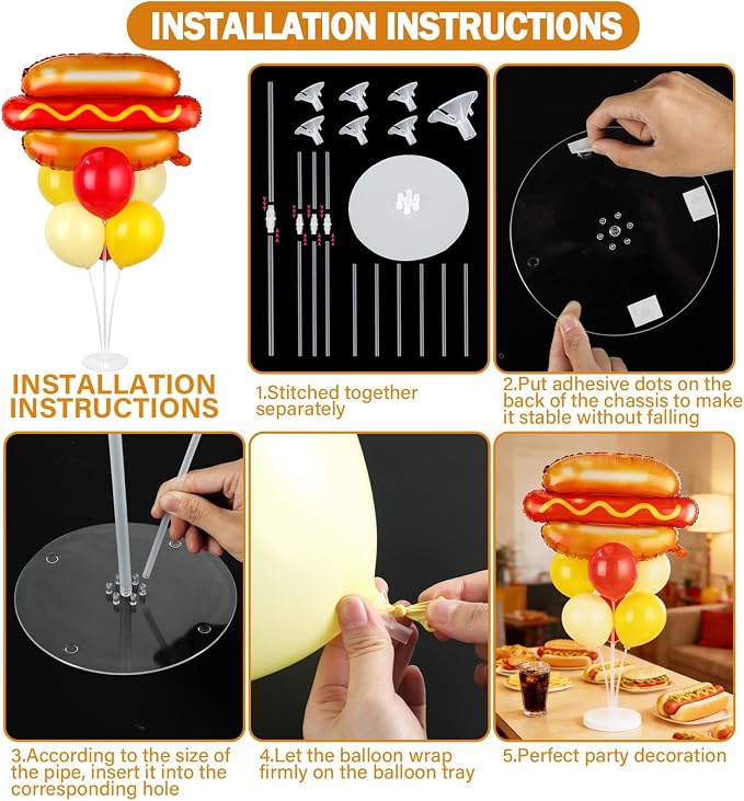Hot Dog Party Balloons Stand Kit 2 Sets with 2 Food Shaped Foil Balloons Picnic Burger Themed Balloon Centerpiece for Tables for BBQ Birthday Party Supplies Baby Shower Hot Dog Themed Decorations