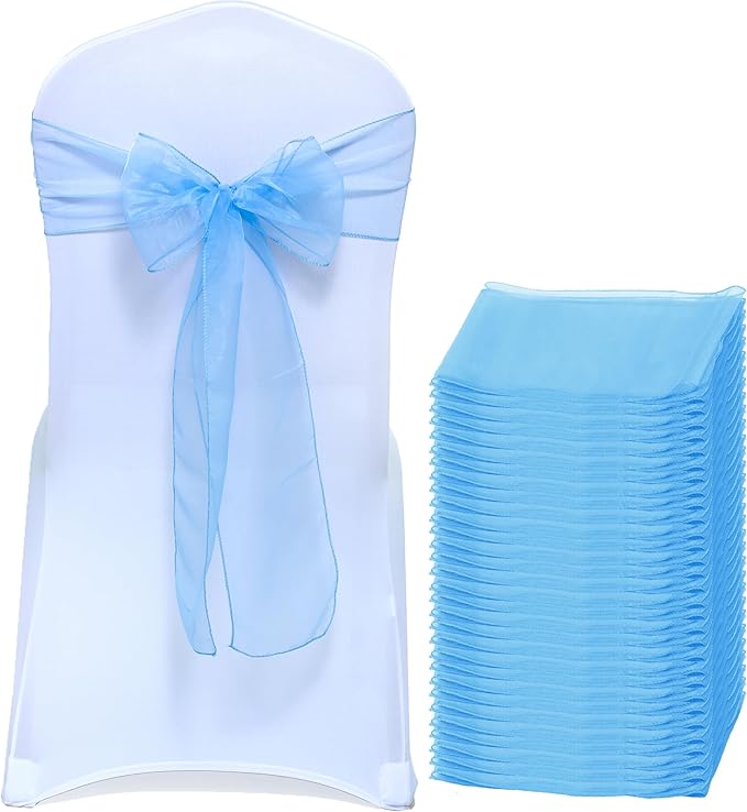 MDS® Pack of 250 Organza Chair Sashes for Wedding Decoration, Reusable Sheer Chair Bows for Banquet Chair Cover, Reception, Bridal Shower, Baby Shower, Birthday Party & Special Events - Baby Blue
