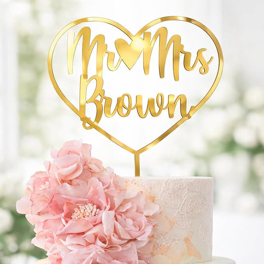 Personalized Mr. & Mrs. Wedding Cake Topper – Custom Bride & Groom Cake Decoration – Elegant Wedding Décor, Anniversary, Engagement Party (Design 6 (IP111), Gold Mirror)