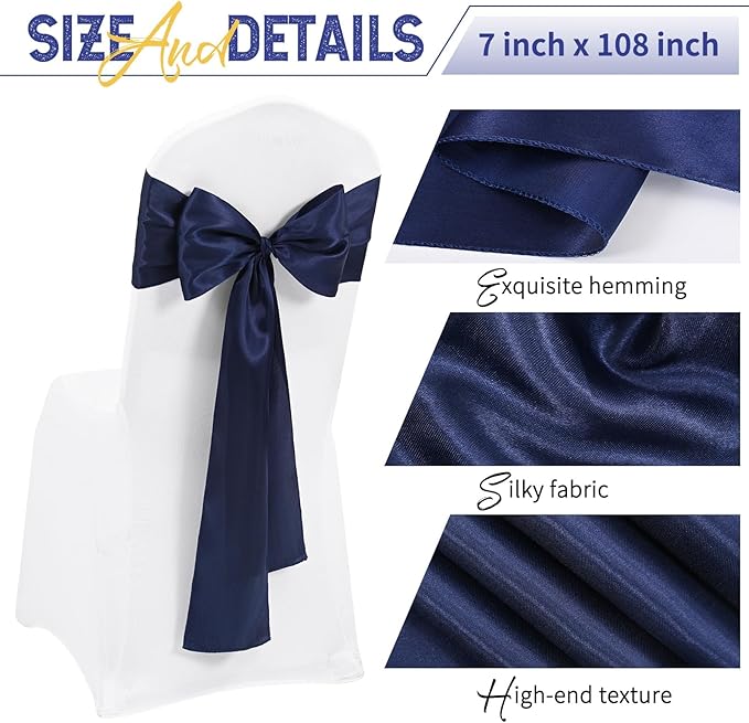 120 PCS Navy Blue Satin Chair Sashes, Ties Bows Designed Chairs Decorative, Chair Cover Sashes for Thanksgiving Wedding Christmas Banquet Party Home Kitchen Decoration (7 x 108 inch)