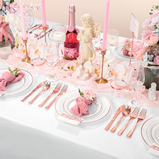 Supernal 400pcs Rose Gold Plastic Plates Disaposable Heavy Duty included Disposable Utensils& Plastic Party Plates Disaposable Party Cups and Napkins Sets for Valentine's Day Mother's Day and Easter
