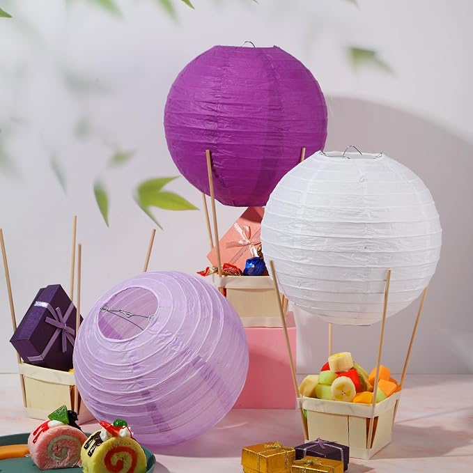 Namalu 24 Set Hot Air Balloon Table Centerpieces Baby Shower Party Decoration Paper Lanterns with Wooden Basket Sticks for Summer Birthday School DIY Craft(White, Purple Series)