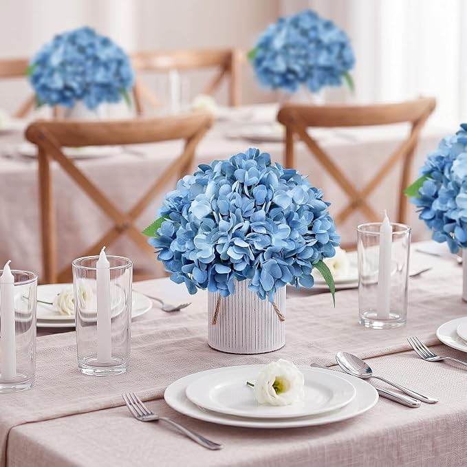 Set of 6 Artificial Flower Table Centerpieces - Dusty Blue Fake Hydrangeas Floral Arrangement with Rustic Metal Vase for Baby Bridal Shower Birthday Party Event Decorations