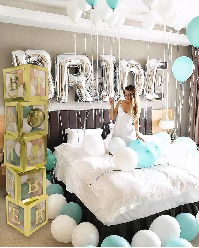 96 PC Bridal Shower Decorations Balloon Boxes Gold- Transparent Block with BRIDE TO BE + GROOM + A - Z Letters and 40 Balloons- Engagement Bachelorette Parties Weddings Centerpieces Photo Booth Props