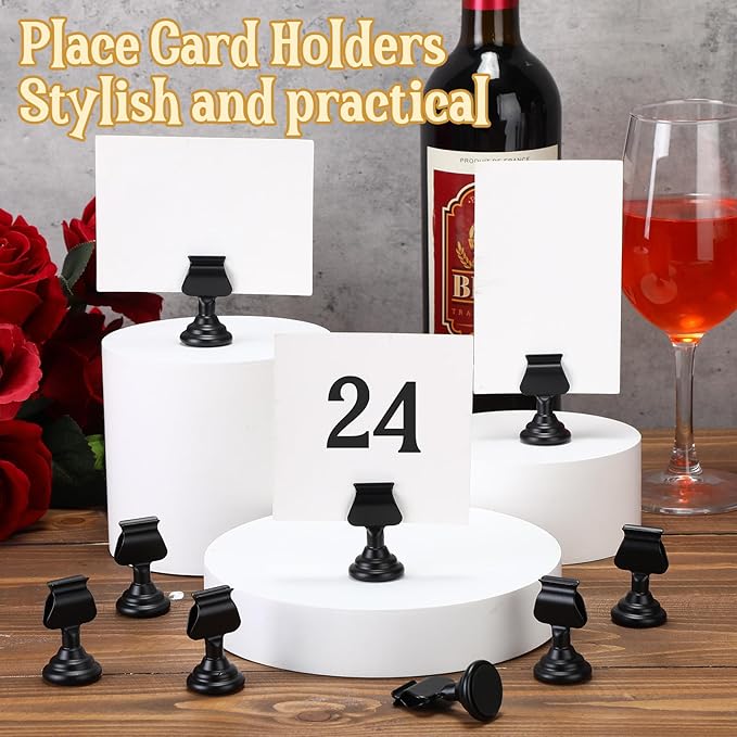 Kathfly 12 Pcs Wedding Table Number Holders 1.7 Inch Metal Black Mini Place Card Holders Bulk Harp-clip Table Sign Stands Card Holder Display Picture Memo Notes Menu for Restaurants Birthday Decor