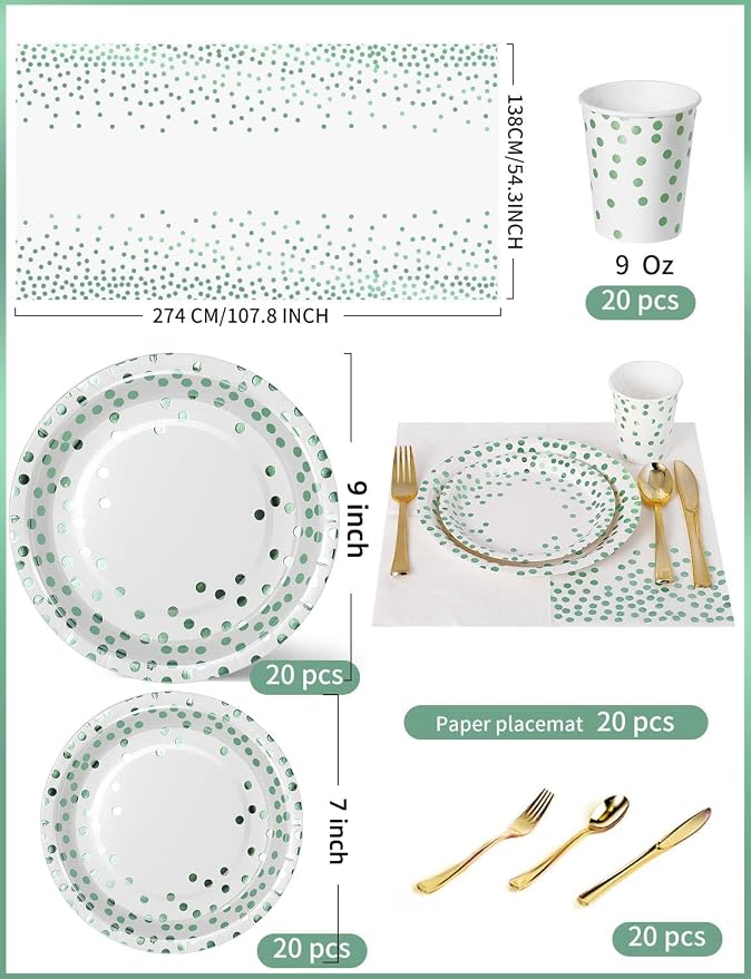 Nkaiso 141 Pieces Green Dots Party Supplies, Disposable Party Decorations Sets Include Paper Plates Napkins Cups, Plastic Forks Knives Spoons, for Baby Shower Birthday Wedding -20 Guests