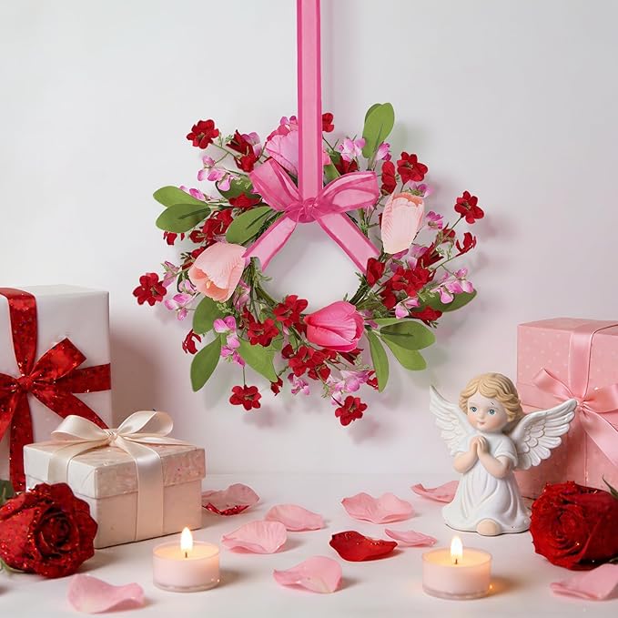 6 PCS 9" Mini Valentine's Day Wreath for Front Door Valentine Kitchen Cabinet Wreath Artificial Tulip Small Wreath with Forsythia Flowers Lavender Green Leaf Ribbon for Wedding Window Home Wall Decor