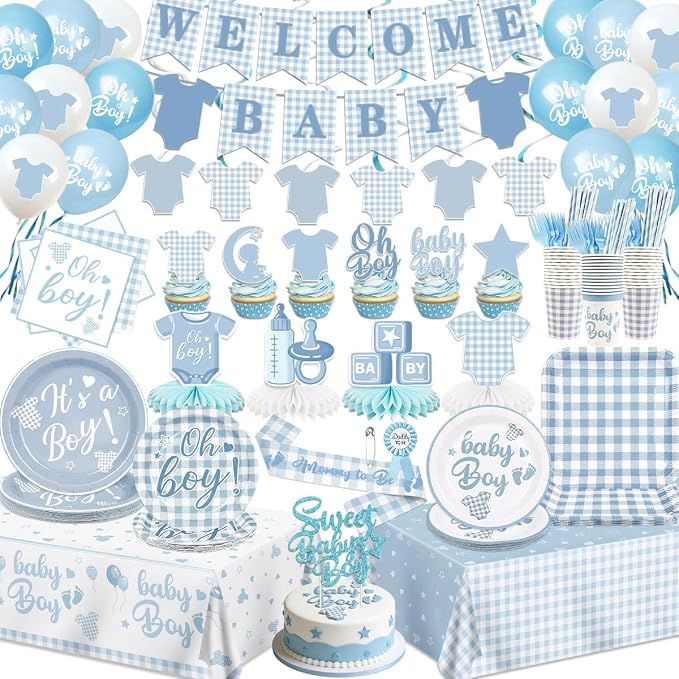 Blue Baby Shower Decorations Boy Blue Gingham Welcome Baby and Body Cloth Banner Plates Napkins Cups Sash Centerpieces Hanging Swirls Tablecloth Cake Topper Balloon Baby Boy Baby Shower Party Decor