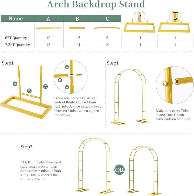 WellSign Arch Backdrop Stand 7.2FT, 6FT Set of 2, Metal Pergola Arbor Garden Arch Trellis for Climbing Plants Outdoor for Various Climbing Plant,Gold Balloon Arch kit Stand for Party Decoration