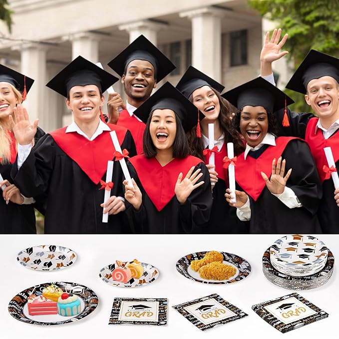 Grencian Graduation Decorations Class of 2026 200Pcs Graduation Plates and Napkins Disposable Congrats Grad Tableware Black Gold Graduation Party Supplies for 2026 Graduations Party, Serve 50