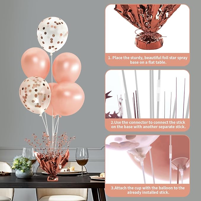 6 Set Rose Gold Christmas Table Balloons Foil Spray Table Centerpiece with Rose Gold and Confetti Balloons Stand Kit for Birthday Party Baby Shower Wedding Bridal Shower Prom Cake Table Decorations