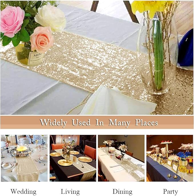 ShinyBeauty Light Gold Table Runners 12x108-Inches Pack of 2 Sequin Table Runners Glitter Table Cloth Runner for Wedding Christmas Table Decor Rectangle Table Covers for Bridal Shower Special Events
