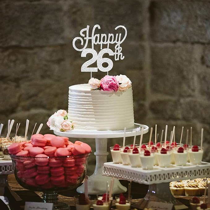 LINGTEER Happy 26th Birthday Silver Rhinestone Cake Topper - Cheers to 26th Birthday 26 Years Old Anniversary Party Cake Centerpieces Topper Decorations Gift Sign.