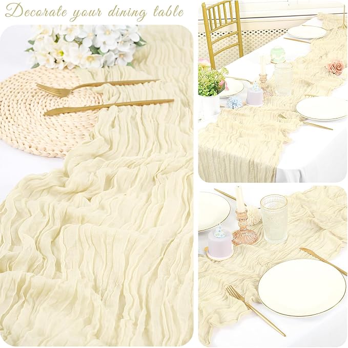 20 Pack Cheesecloth Table Runner 17 x 108 inch Long Boho Gauze Table Runners Semi Sheer Table Runner for Wedding Decor, Baby Shower, Birthday Party, Banquet (Ivory)
