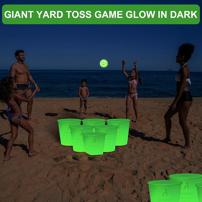 Aivalas Yard Pong Outdoor Games Glow Set in Dark, Giant Yard Pong Game for Adults and Family with 12 Buckets, 4 Balls and a Carrying Bag, Giant Pong for Beach, Camping, Lawn and Backyard