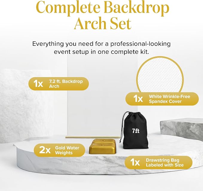 7.2FT Gold Wedding Backdrop Arch Stand with White Spandex Cover – Metal Frame, Water Weights & Storage Bag – Party, Birthday, Baby Shower, Bridal Shower, Wedding Ceremony, Photo Booth Decor