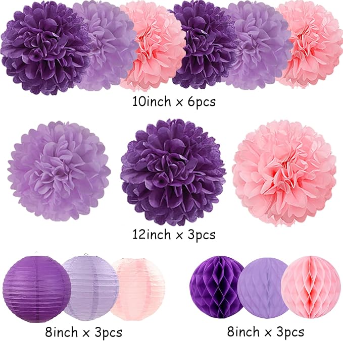 Pink Purple Paper Flowers Tissue Pom Poms Honeycomb Lanterns 15pcs Party Decorations Lavender Birthday Wedding Baby Bridal Shower Lilac Valentines Mothers Day Hanging Supplies Mprocherify