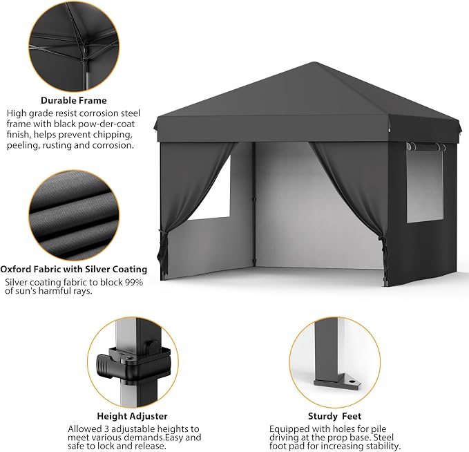 10X10 Pop Up Canopy Tent with 4 Sidewalls, Heavy Duty Commercial Instant Shelter, One-Person Quick Setup Outdoor Party Tent, Water-Resistant & Portable for Outdoor Events, Camping, Black