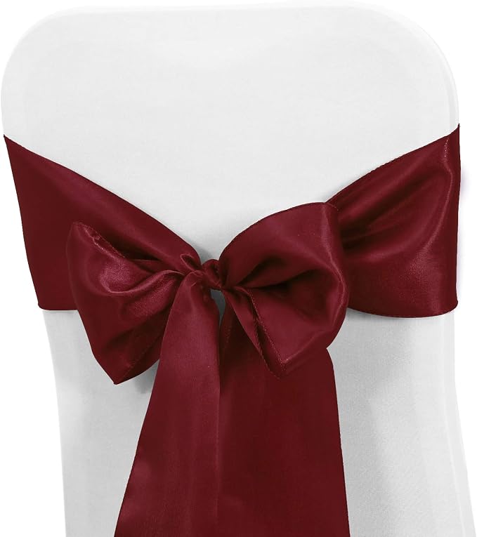Obstal 50 PCS Burgundy Satin Chair Sashes Bows for Wedding Reception- Universal Chair Cover Back Tie Supplies for Banquet, Party, Hotel Holiday Event Decorations