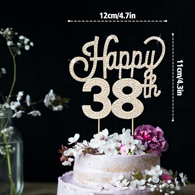 LINGTEER Happy 38th Birthday Gold Rhinestone Cake Topper - Cheers to 38th Birthday 38 Years Old Anniversary Party Cake Centerpieces Topper Decorations Gift Sign.