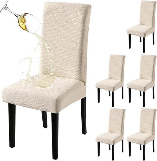Fuloon Waterproof Dining Chair Covers, Parsons Chair Slipcover, Super Fit Stretch Kitchen Chairs Slipcovers, Removable Washable Chairs Seat Slipcover for Dining Room, Kitchen, Banquet (6 Pack, Beige)