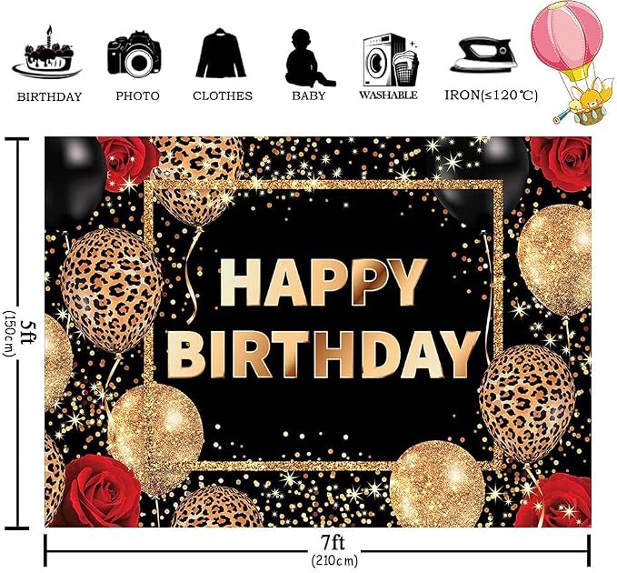 Leopard Print Happy Birthday Backdrop Black Gold Red Cheetah Print Banner for Woman Men Polyester Fabric 7Wx5H Balloon Rose Cool Party Celebration Photography Background Photo Shoot Props