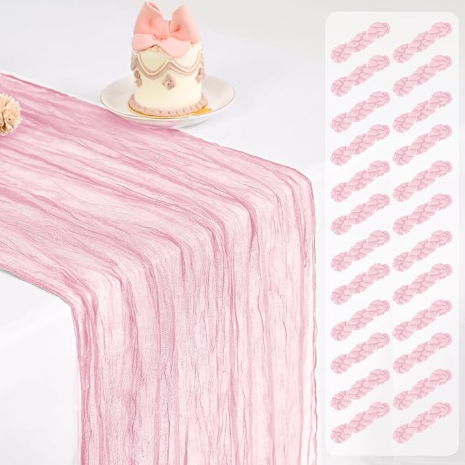 24 Pack Cheesecloth Table Runner,Light Pink Table Runner Long Romantic Semi Sheer Rustic Boho Gauze Table Runners for Wedding Bridal Shower Birthday Party Decorations(17.7×108 Inch)