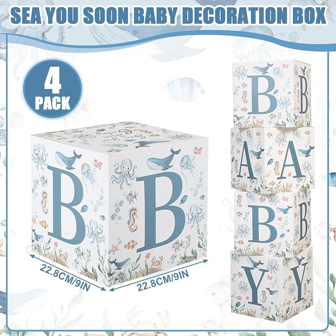 Qunclay 4 Pcs Sea You Soon Baby Shower Decorations Under the Sea Boxes with Letters Stackable for Baby Shower Blue Decorations Gender Reveal Decoration Photo Prop Ocean Animal Nursery Decor