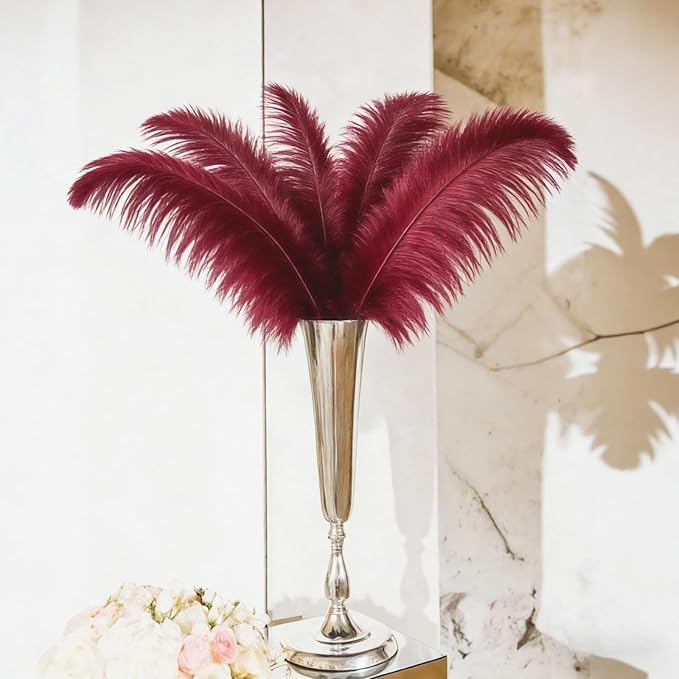 10pcs Natural Ostrich Feather Craft 16-18inch(40-45cm) Plume for Wedding Centerpieces Home Decoration DIY（WineRed, 10Pcs 16-18inch)