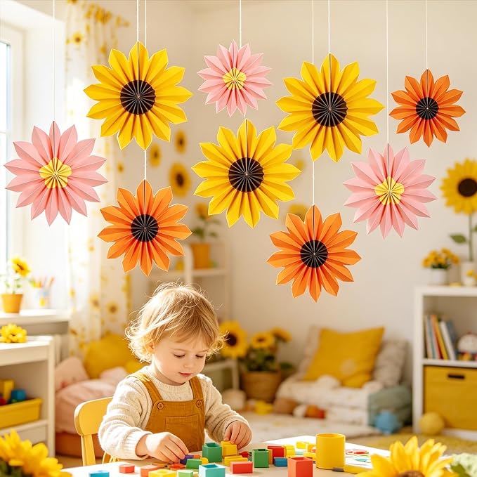 Orange Yellow Paper Fan, Pink, Orange and Yellow Paper Flowers for Sunflower Party Decorations, Paper Flowers Decorations for Wall, Sunflower Birthday Decor, Baby Shower, Classroom Decor