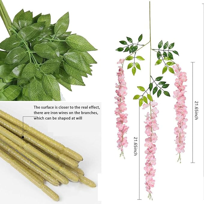 Artificial Wisteria Hanging Flowers Fake Wisteria Flower Garland Silk Vines Rattan Decor for Home Wedding Arch Wall Garden Greenery Bedroom Outdoor Office Party Decoration (12, Light Pink)